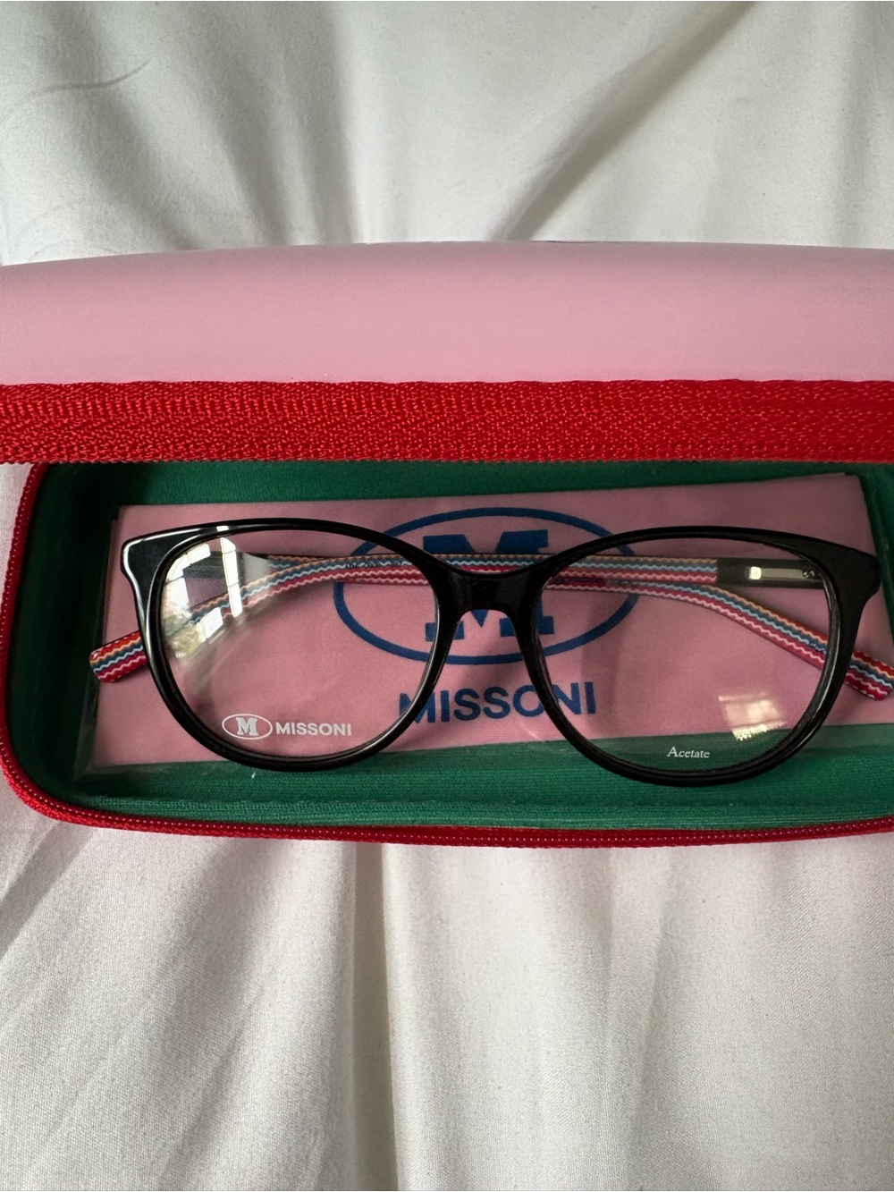 Missoni Black Acetate Glasses with Pink Case and Multicolor Temple Detail